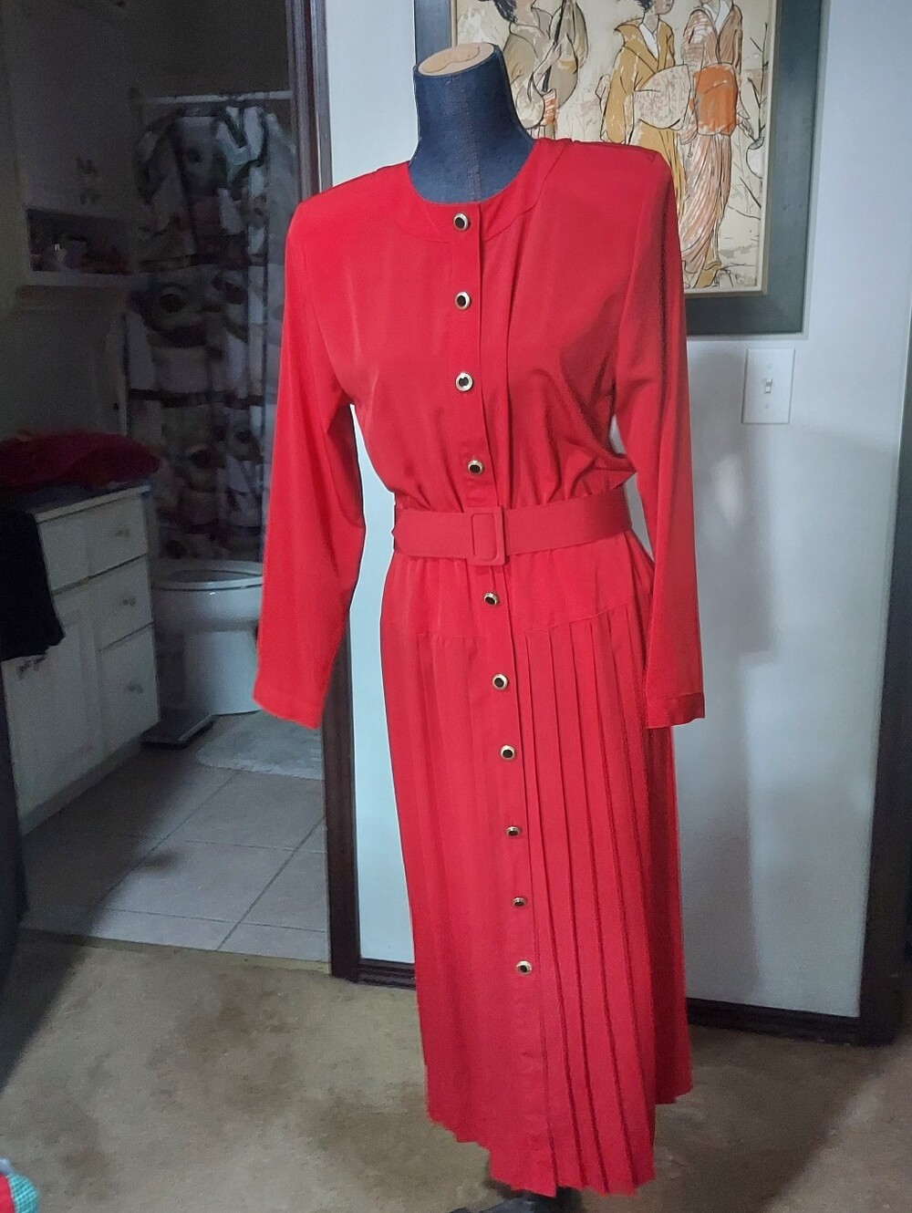 Ms Chaus Red Long Sleeve Button-Up Dress Secretary Executive 80s Pockets Sz 10